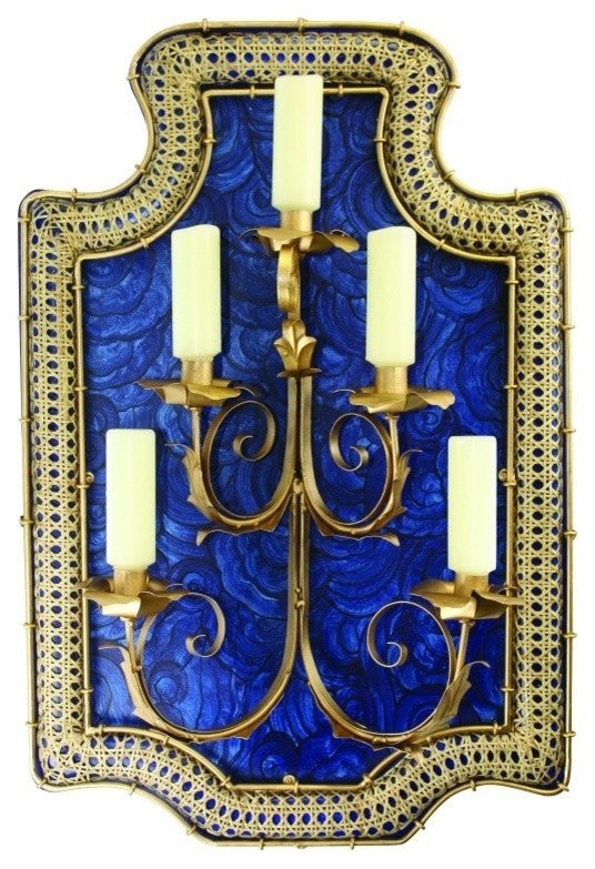 Art Deco Sapphire Blue Wall Sconce, Retro Dark Gold Candle Holder