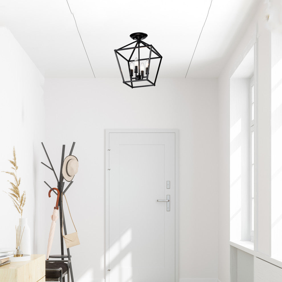 4-Light 12 in. Matte Black Cage Lantern Farmhouse Semi-flush Mount