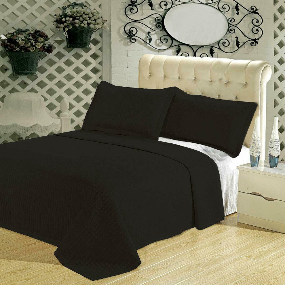Wrinkle-Free Checkered Quilted Coverlet Set, Black, Full/Queen
