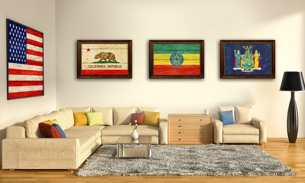 Ethiopia Country Textured Flag Print With Brown Gold Frame, 15"X21"