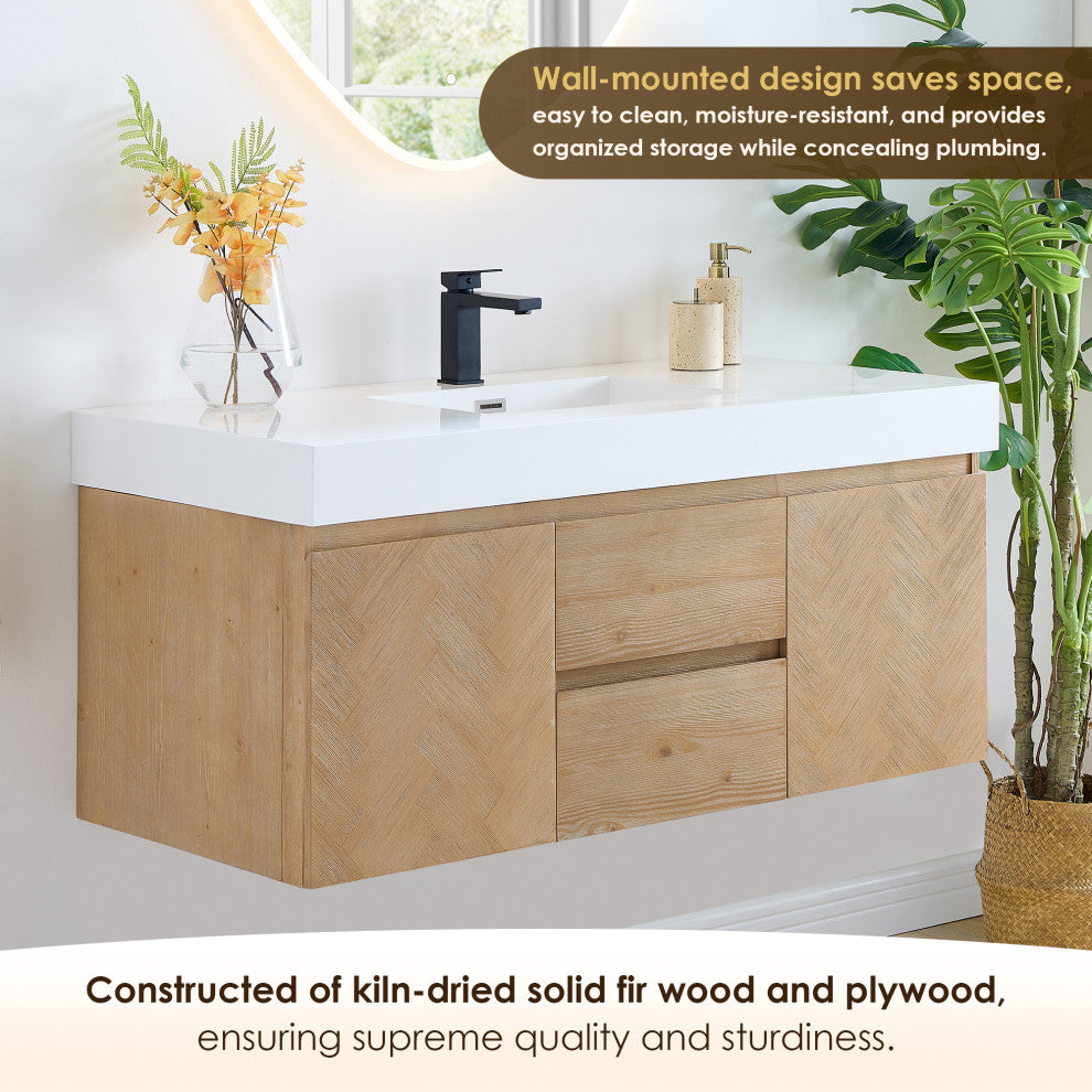 Siena Wall-mounted Single Bath Vanity, Light Brown, 48inch, No Mirror