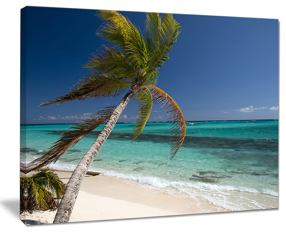 "Palm Bent To Picturesque Seashore" Modern Seascape Wall Art, 20"x12"