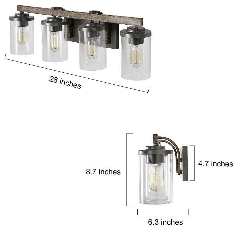 LNC Black Modern Farmhouse Glass-Cylinder Bathroom Vanity Light, 4 Lights, Wood