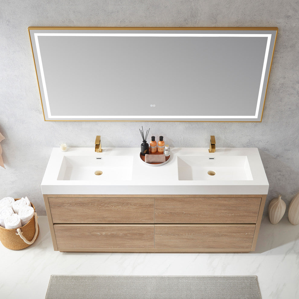 Huesca Bath Vanity, Integrated Sink Top, North American Oak, 72", With Mirror
