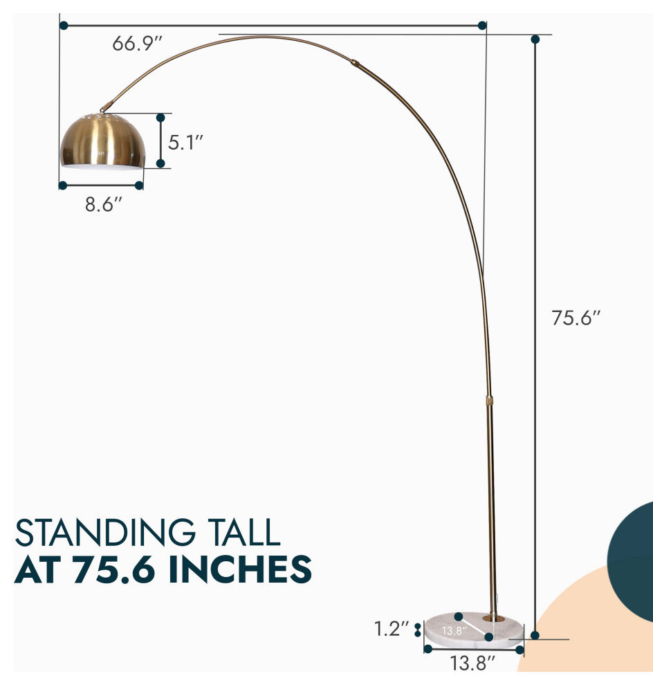 Leisuremod Arco Floor Lamp With White Marble Base and Metal Lamp Shade, Gold