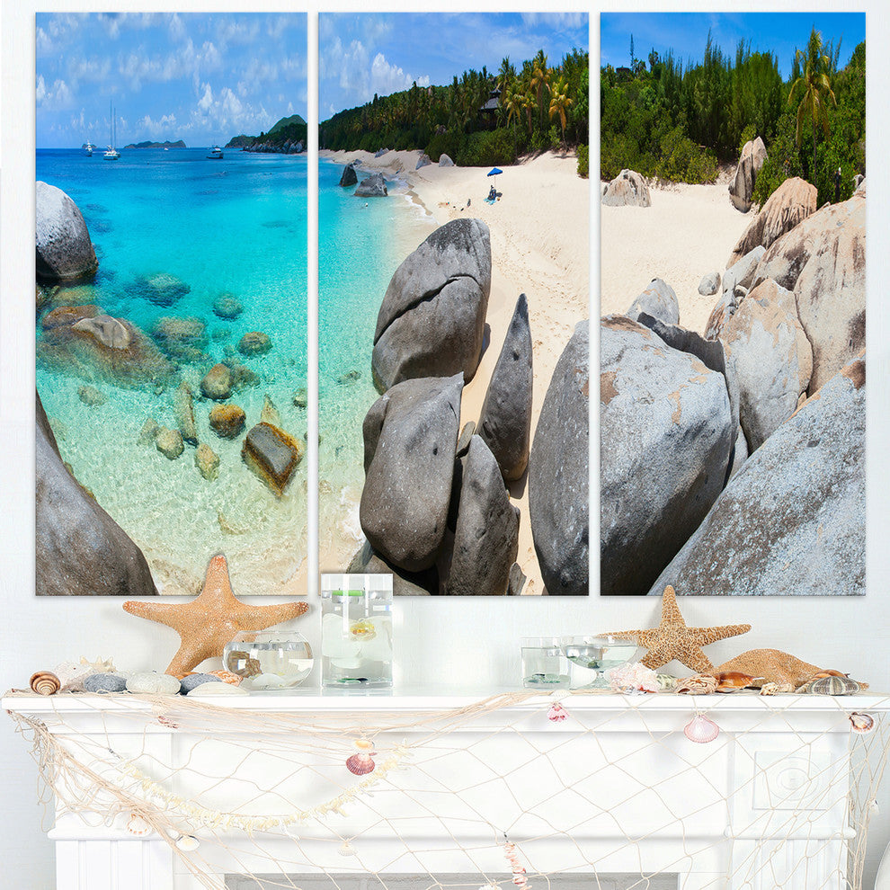 "Turquoise Ocean Water With Rocks" Metal Wall Art, 3 Panels, 36"x28"