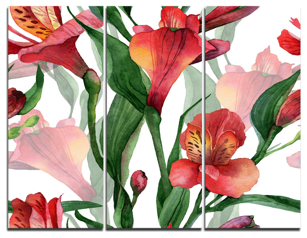 "Red Floral Pattern Art" Metal Wall Art, 3 Panels, 36"x28"