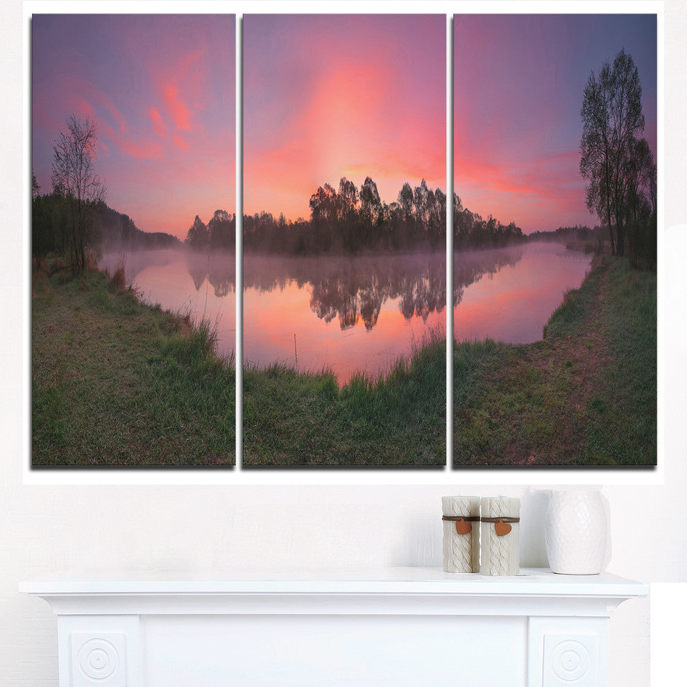 "Purple Tinged Lake Sunrise View" Metal Wall Art, 3 Panels, 36"x28"