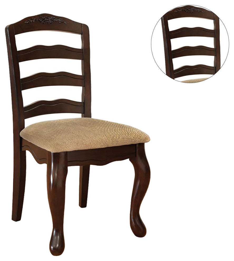 Set of 2 Padded Seat Dining Chair, Dark Walnut and Tan