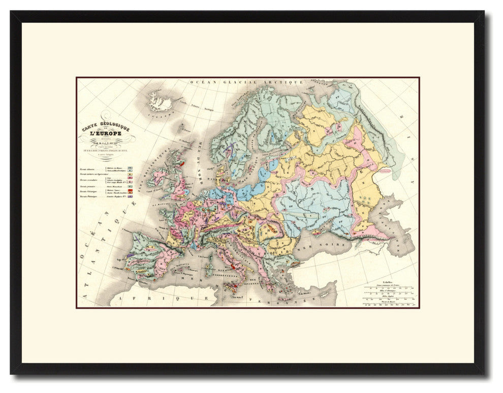 Europe Geological Vintage Map Print On Canvas With Picture Frame, 16" X 21"