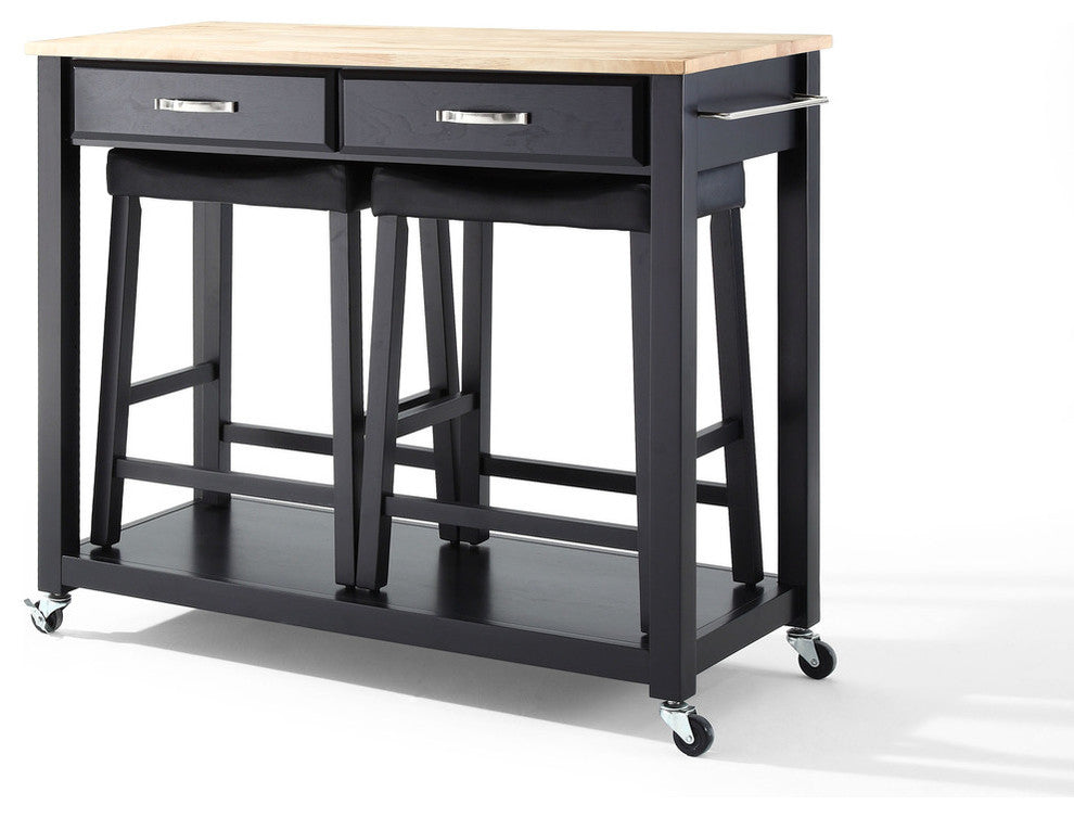 Natural Wood Top Kitchen Cart/Island in Black Finish With 24" Upholstered Saddl