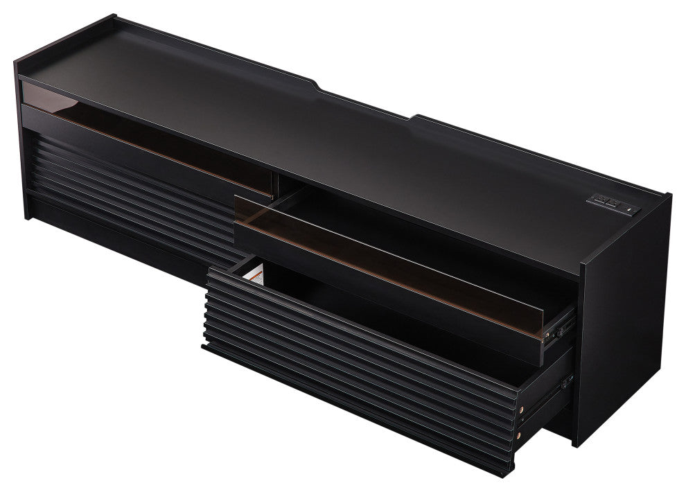 GDF Studio 4-Drawer Storage TV Stand, LED Lighting & Charging Ports, Black
