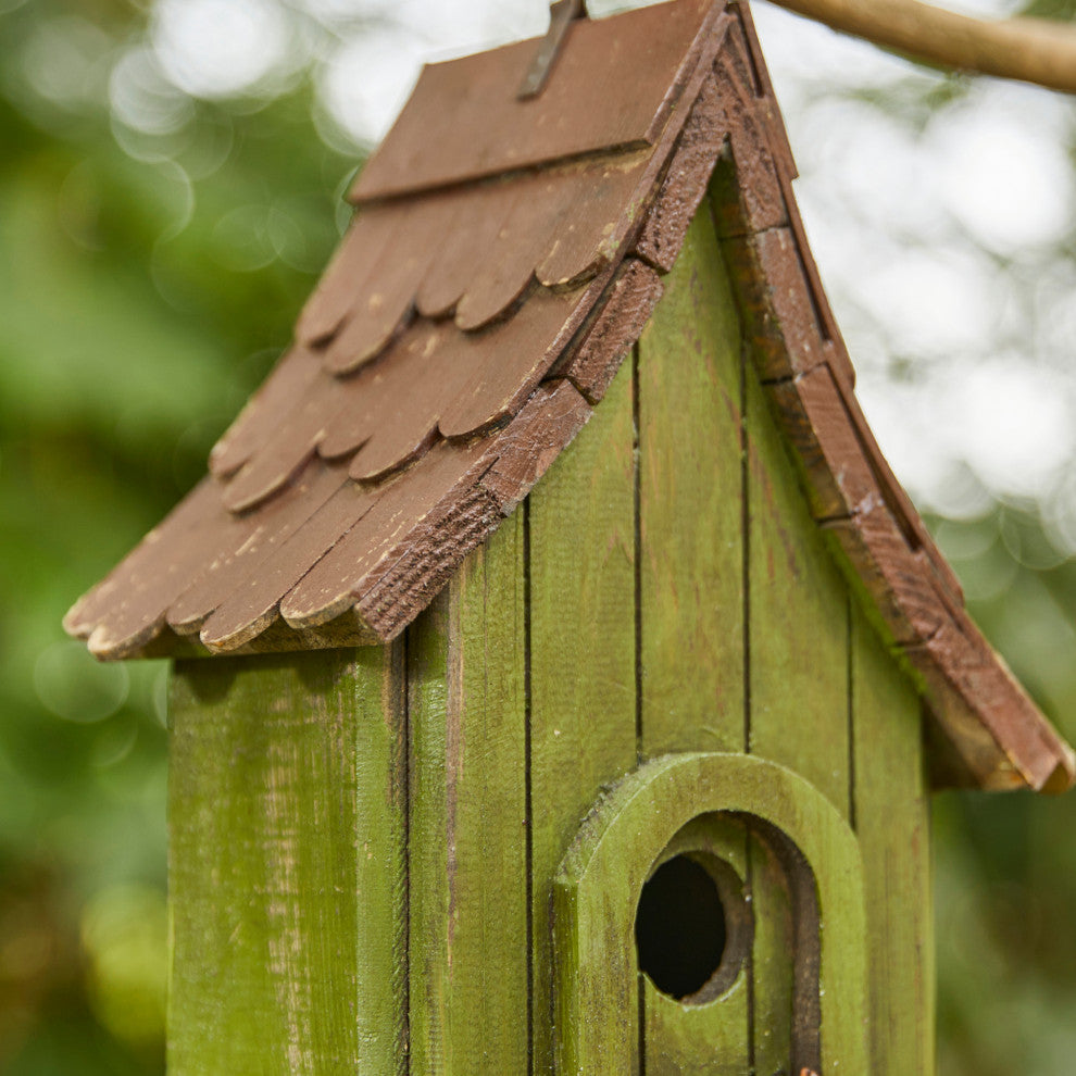 Rustic Garden Distressed Wooden Birdhouse, Metal Door Handle