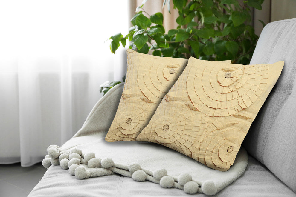 Beige Cotton Floral Throw Pillow, 18"