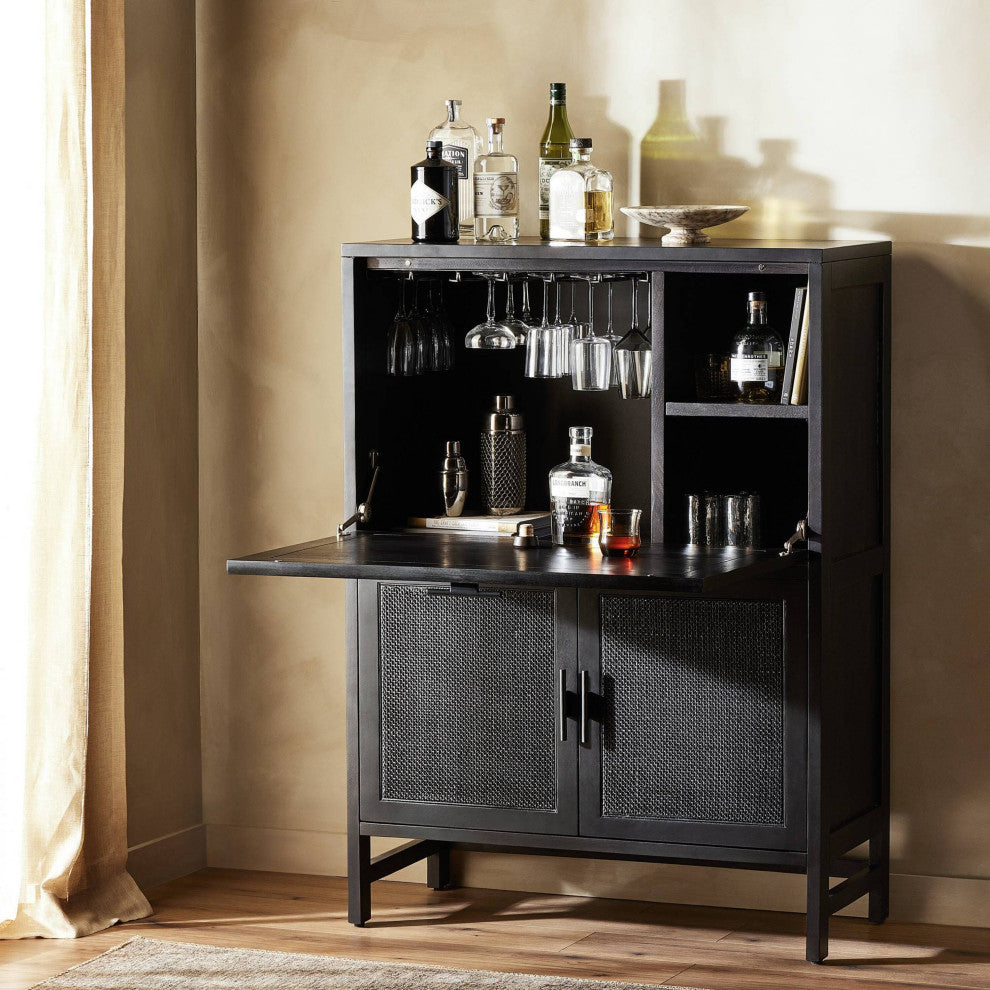 Caprice Bar Cabinet Black Natural Cane, Black Wash Mango, Gunmetal