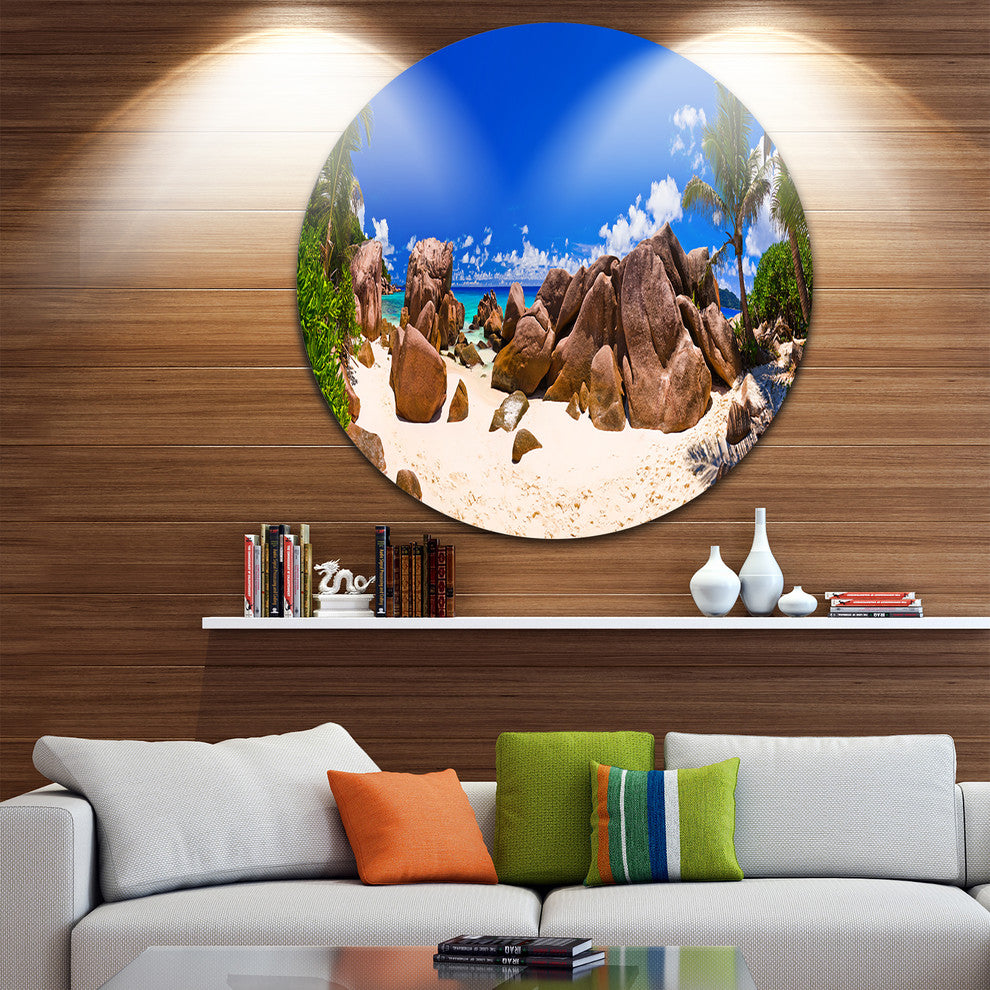 Rocky Tropical Beach Panorama, Landscape Photo Round Wall Art, 11"