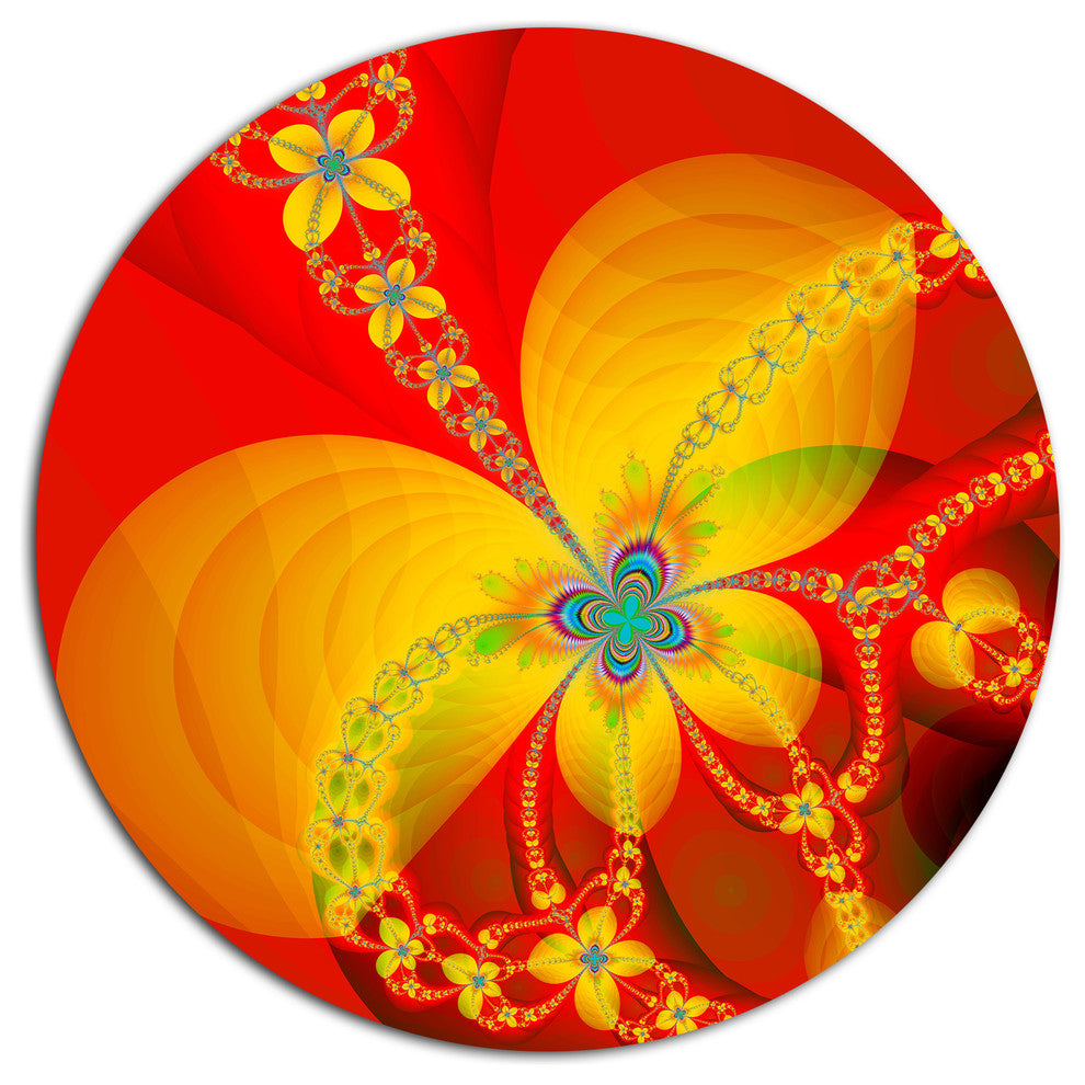 Red Yellow Colorful Fractal Pattern, Floral Disc Metal Artwork, 11"