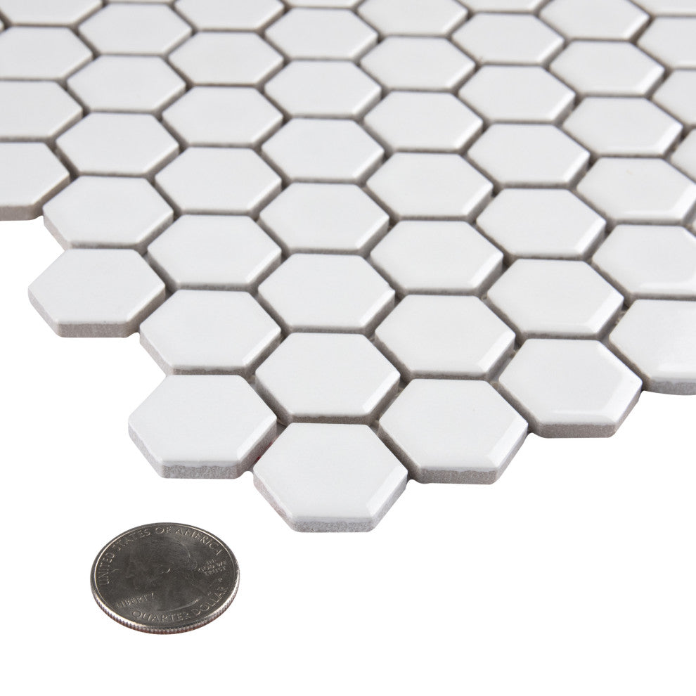 Metro 1" Hex Porcelain Mosaic Floor and Wall Tile, Glossy White