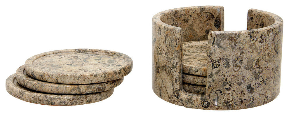 Dionysus Collection Black and Gold Marble 6 Piece Coaster Set w/Caddie, Beige
