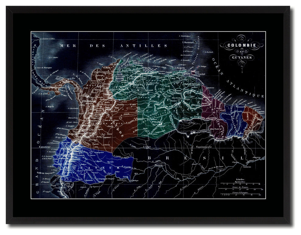 Columbia Venezuela Guianna Vintage Vivid Color Map Canvas, 28"x37"