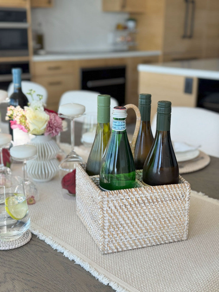 Loma Rattan Bottle and Silverware Caddy, White-Wash