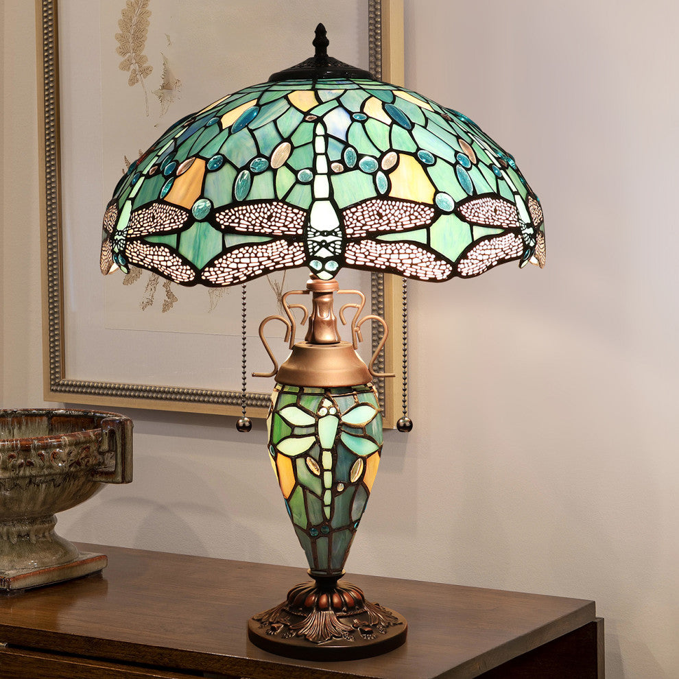 Sunniva Dragonfly Tiffany 3-Light Double Lit Table Lamp 16" Shade