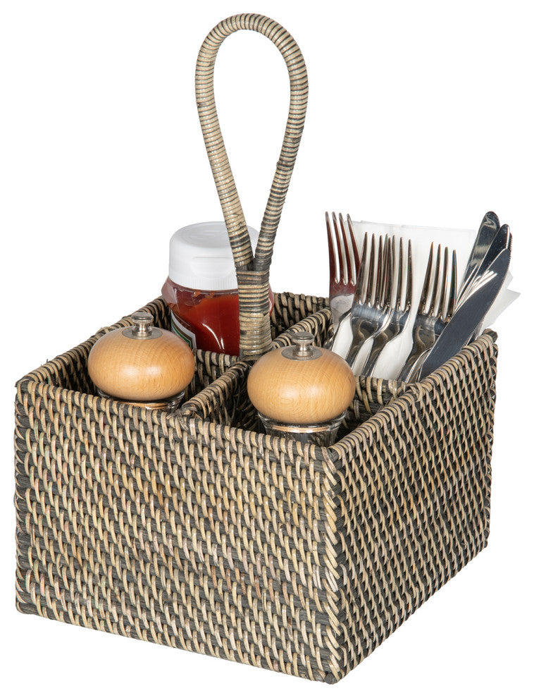 Loma Rattan Bottle and Silverware Caddy, Black-Wash