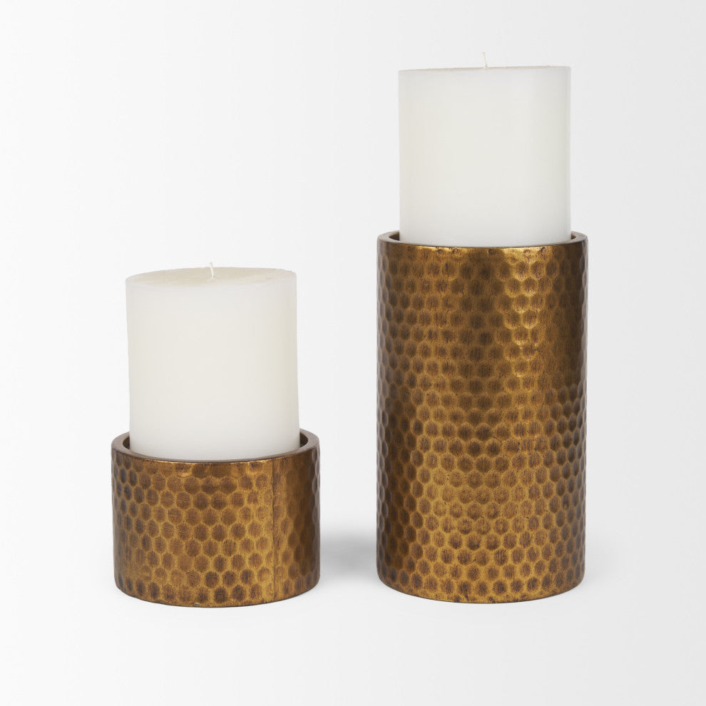 Gage Antiqued Gold Honeycomb Textured Metal Candle Holder, 2-Piece Set