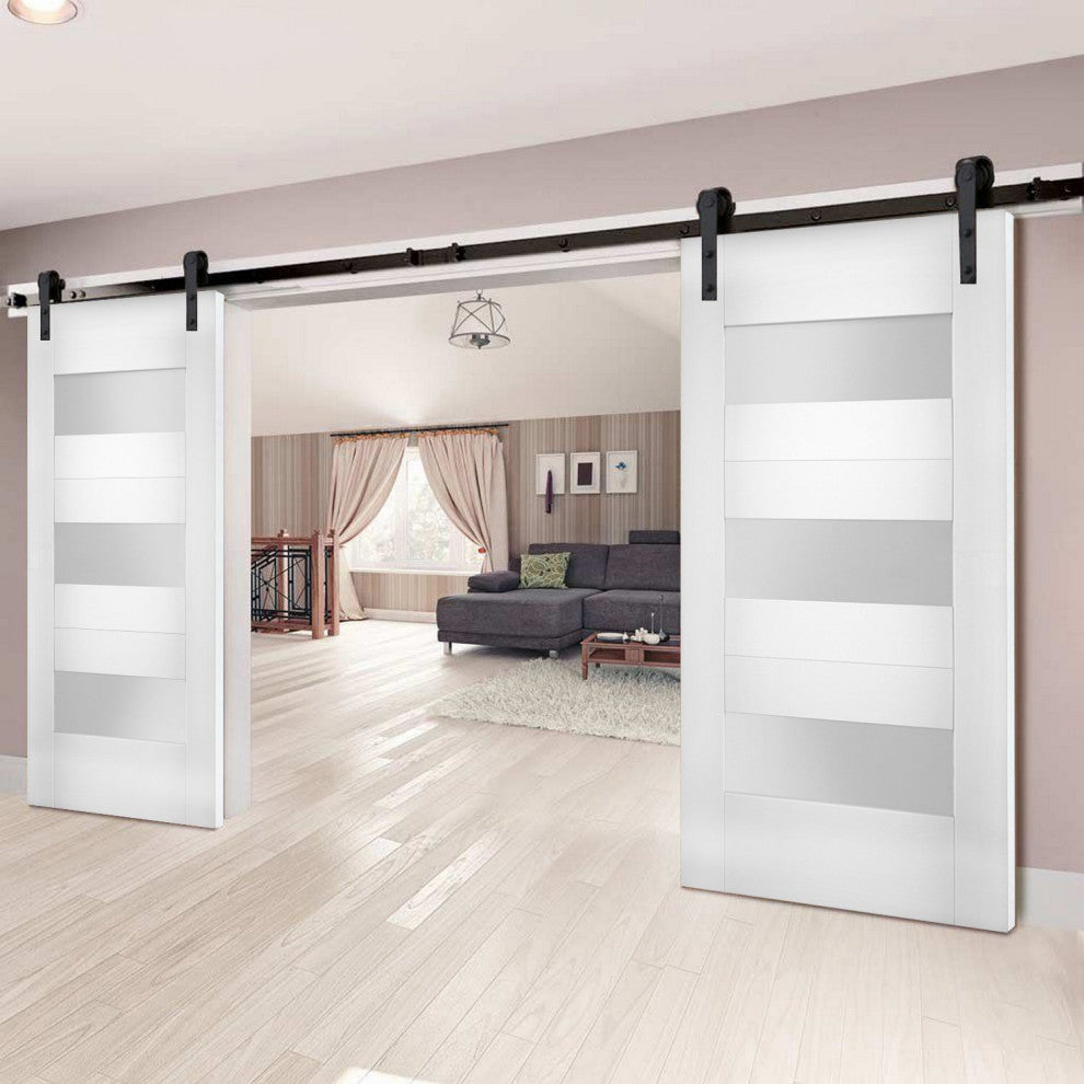 Double Barn Doors Opaque Glass / Sete 6003 White Silk / 13FT Rail, 72" X 80" ( 2* 36x80)