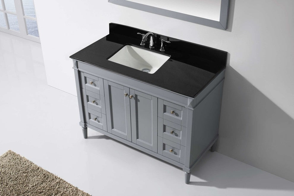 Virtu Tiffany 48" Single Bathroom Vanity, Gray, Black Granite Top, Mirror