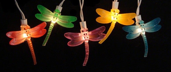 Dragonfly Summer Garden Patio Christmas Lights, White Wire, 10-Piece Set