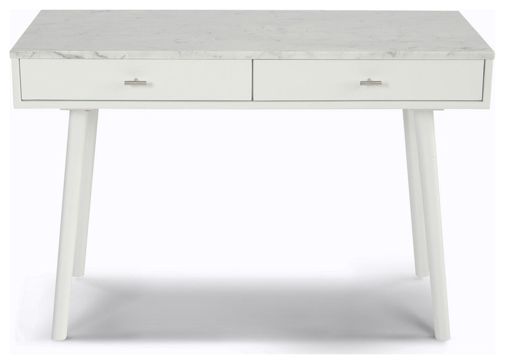 Viola 44" Rectangular Italian Carrara White Marble Writing Desk, White, 18" Wide