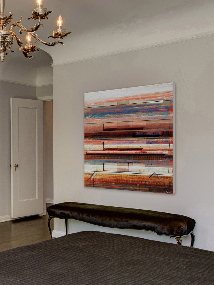 "Trains on Tracks" Painting Print on White Wood, 32"x32"