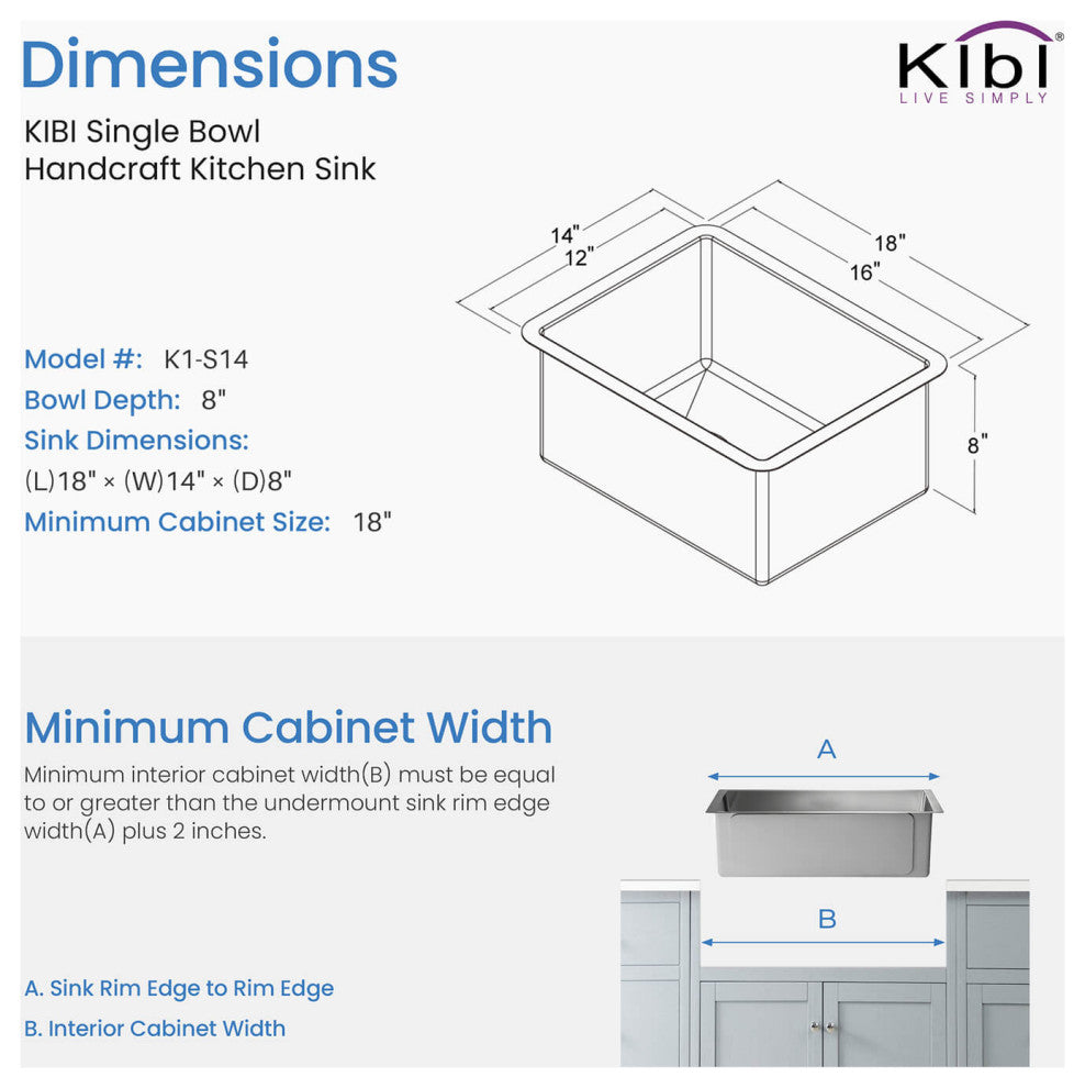 Handcrafted Undermount Single Bowl 16 Gauge Stainless Steel Kitchen Sink, 14"