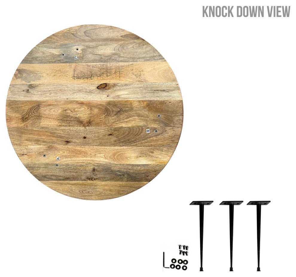 29" Coffee Table Round Handcrafted Mango Wood Carved Edge Black Iron Legs