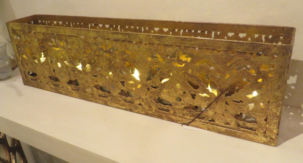 Long Gold Pierced Fretwork Candle Holder, Votive Glass Metal Moroccan
