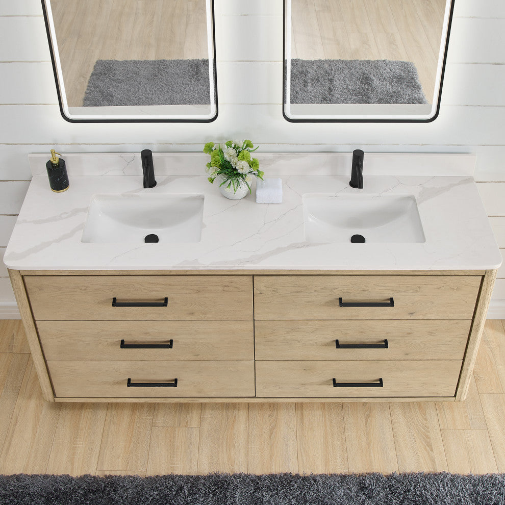 Porto Bath Vanity with White Quartz Stone Top, Natural Oak, 72 in., No Mirror