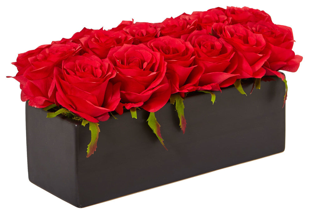 Dozen Silk Roses, Ceramic Rectangular Planter, Red