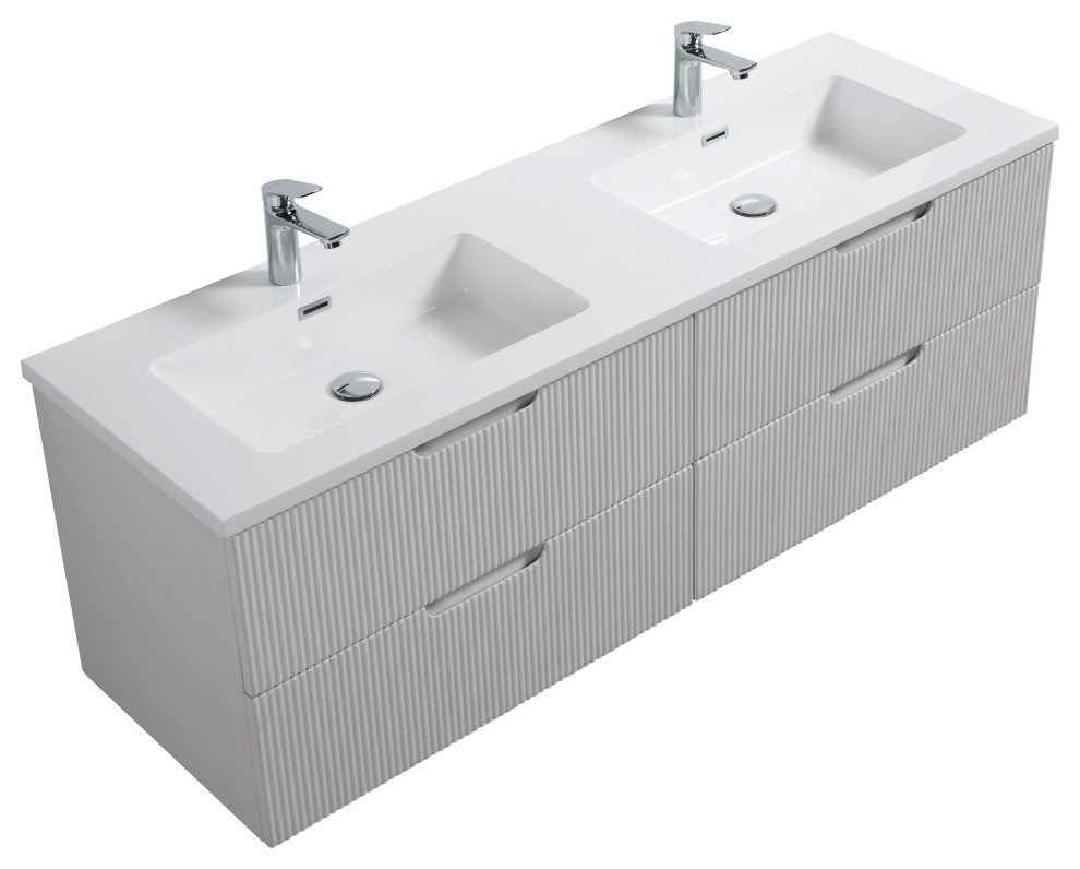 Themis Series White Wall Mount Vanity With A Integrated Sink, 60" Double