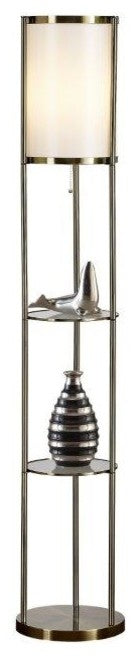 Exeter 63" Floor Lamp With Durable Glass Shelf and Silk Shade, Antique Brass