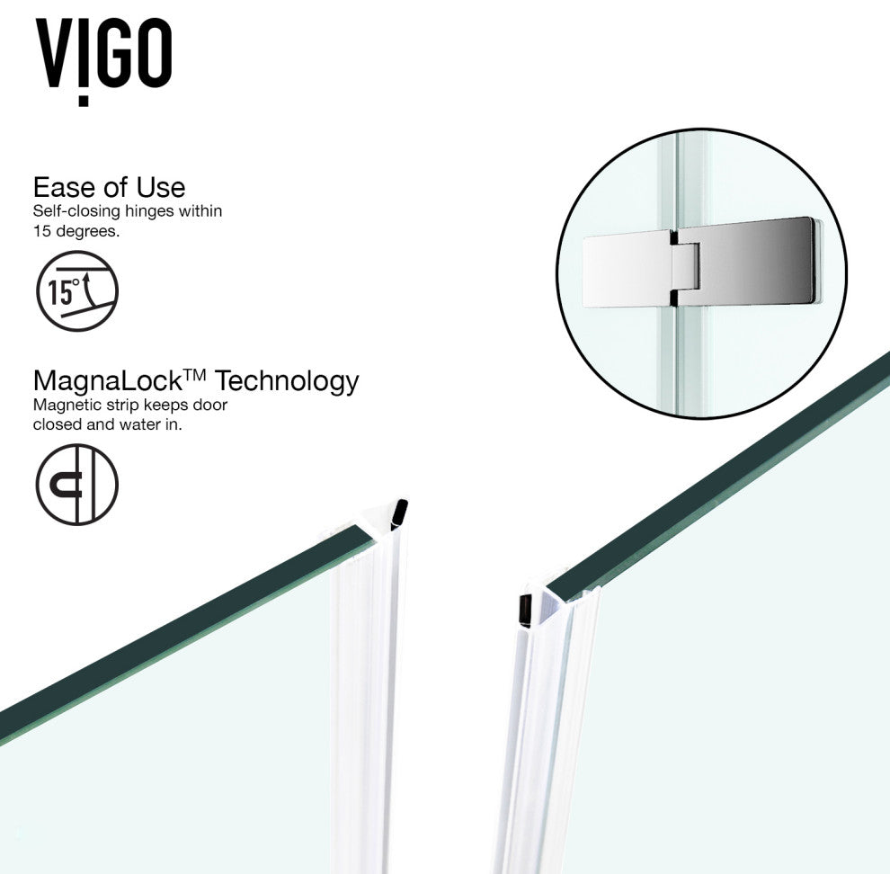 VIGO Monteray 32"D x 48"W x 79"H Frameless Hinged Shower Enclosure, Chrome, Left Base