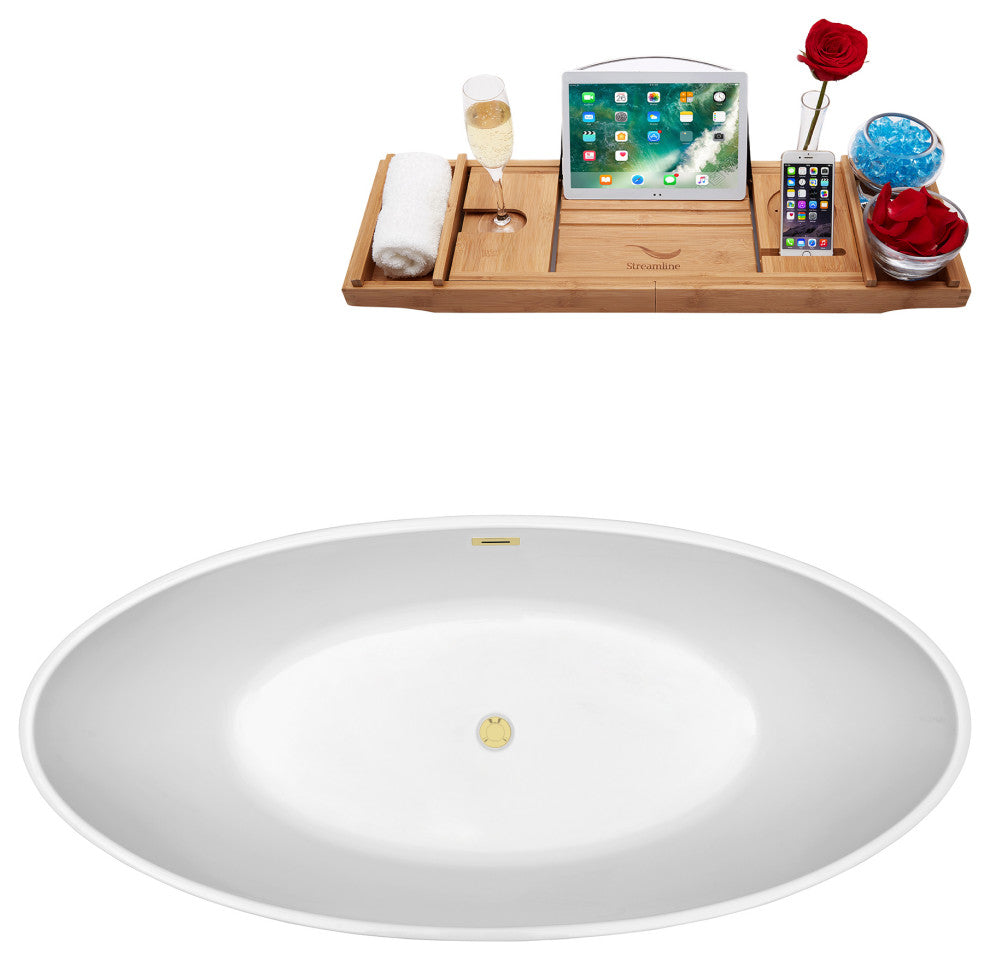 63" Streamline Bathtub and Tray With Drain, Polished Brass