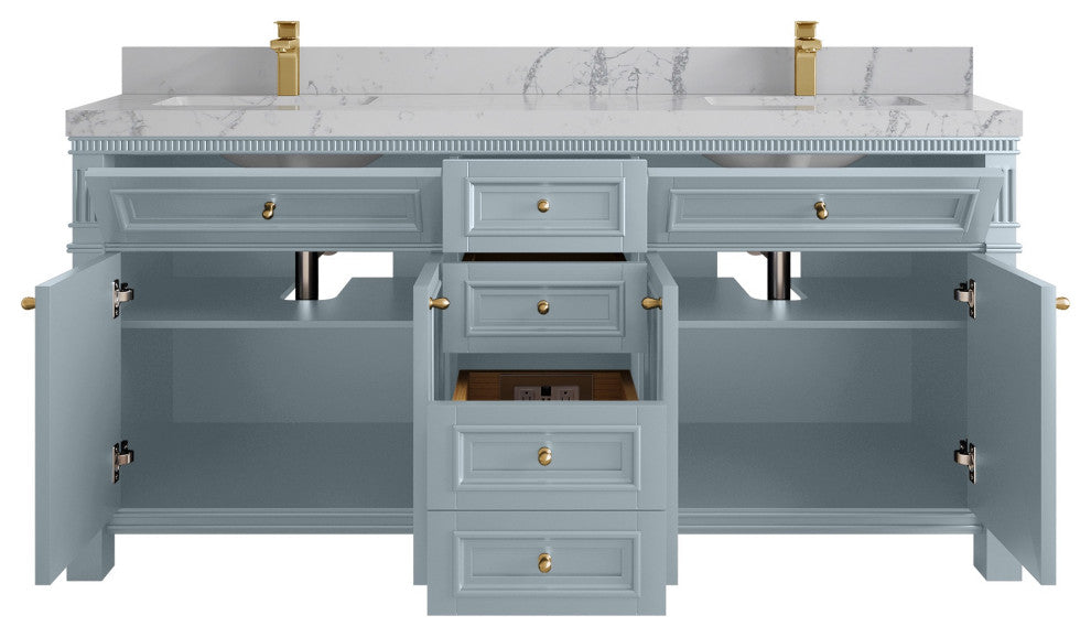 Paris 72" Double Sink Bathroom Vanity, Blue Heather 2" Venatino Quartz