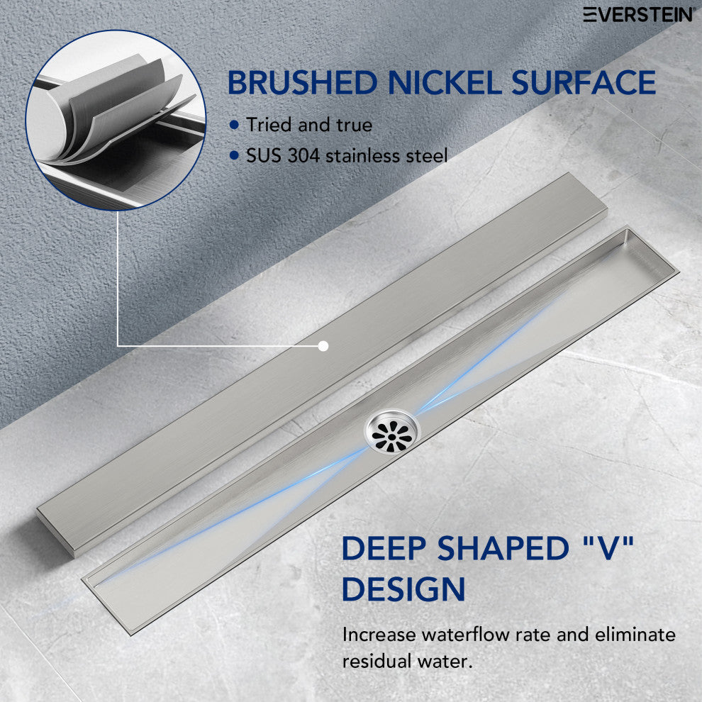 24" Stainless Steel Linear Shower Drain, Tile-In Pattern, Brushed Nickel