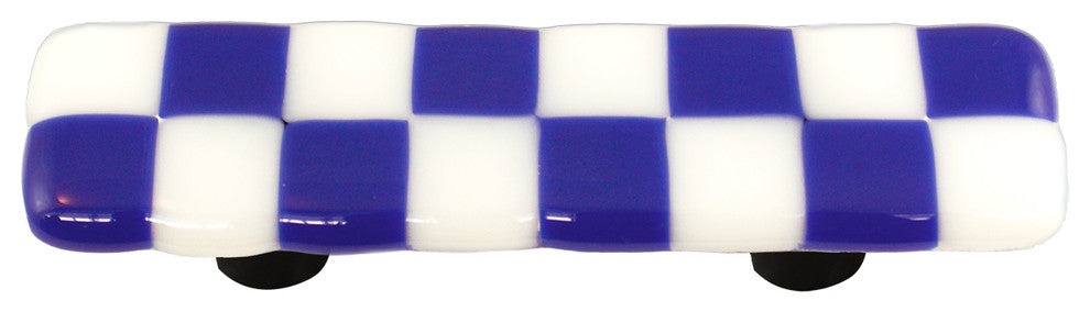 Art Glass Rectangle Checked Pull, Alum Post, Cobalt Blue White Squares