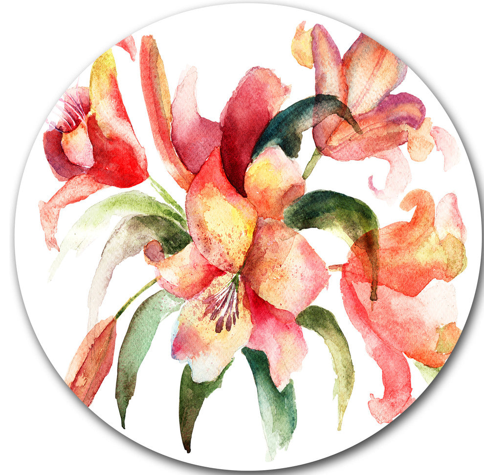 Lily Flowers Watercolor Illustration, Floral Round Wall Art, 23"