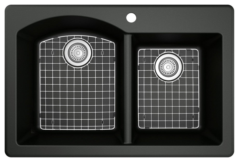 Karran All, One Drop-In Quartz 33" Double Bowl Sink, Black With Faucet