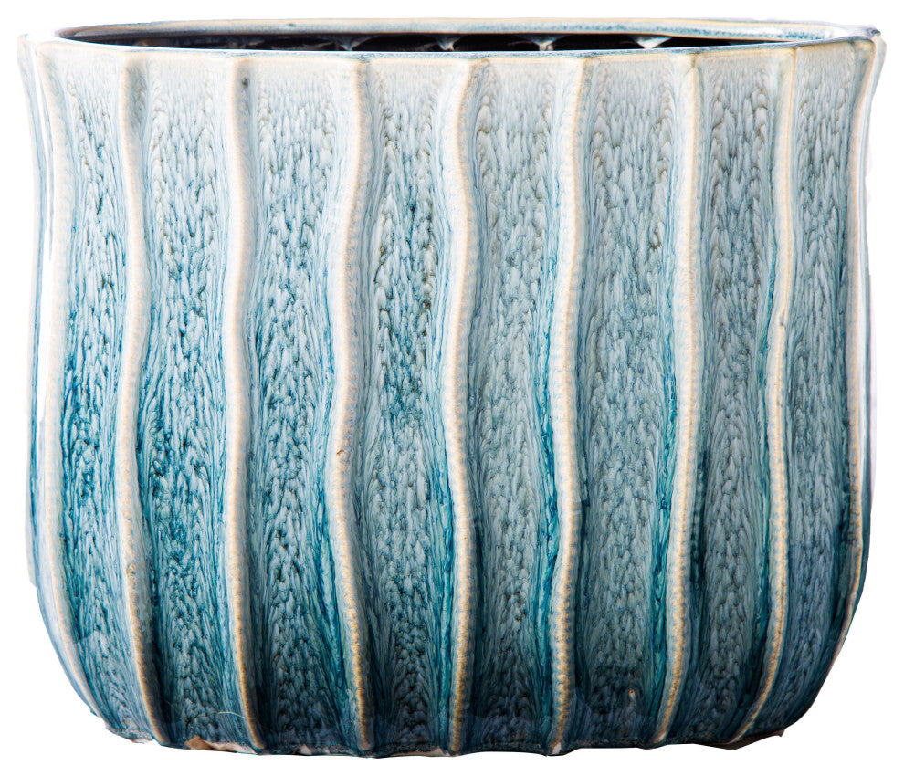 Tall Oval Ceramic Vase with Asymetric Pattern Design Gloss Blue Finish