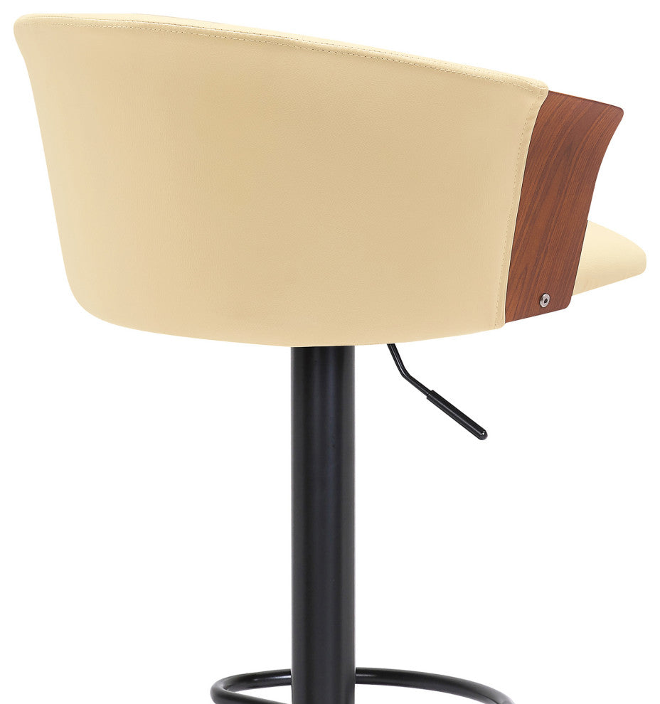 Lydia Adjustable Walnut Wood Bar Stool, Cream Faux Leather With Black Metal, Cream Faux