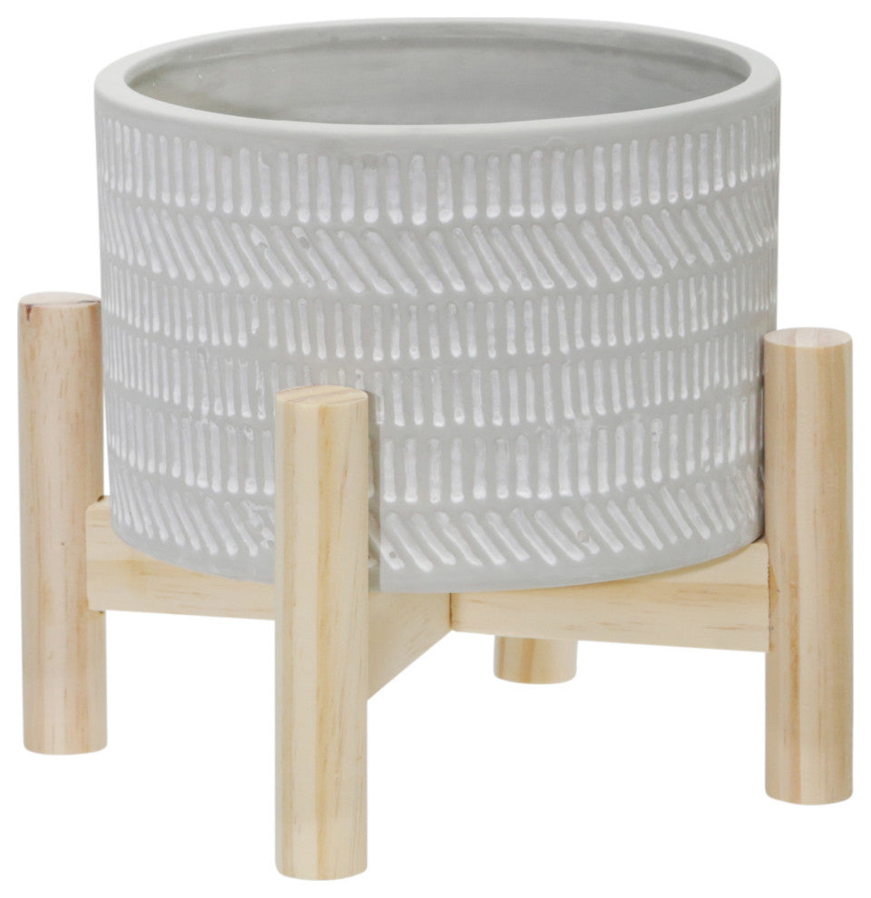 6" Ceramic Tribal Planter With Wood Stand, Beige